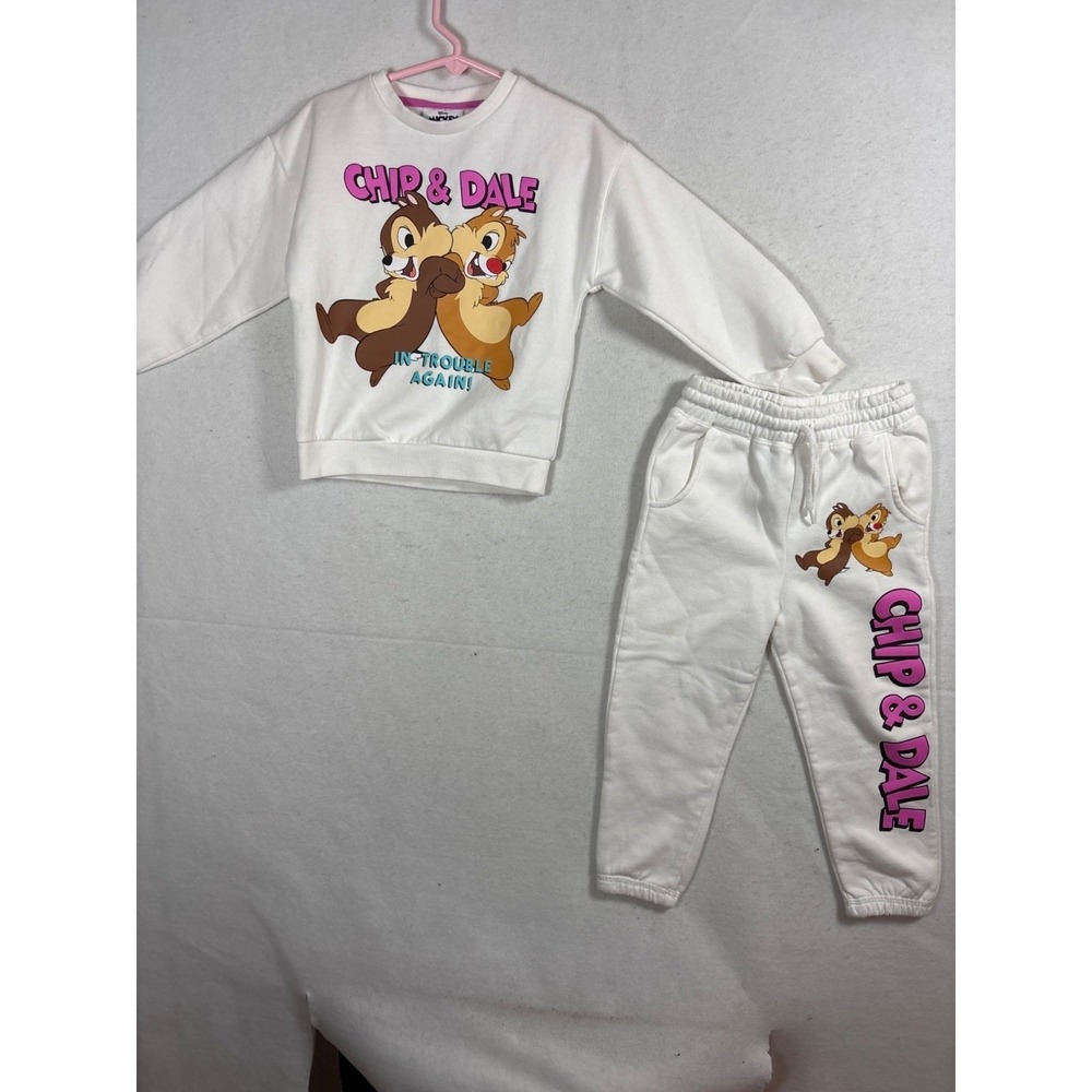 Disney Chip‎ & Dale Sweatshirt Joggers Set Kids 3-4Y White Fair Stained Graphic